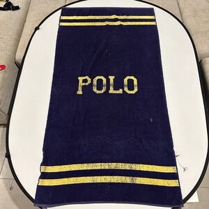 Vintage Polo Ralph Lauren Towel Beach Bath Navy Blue‎ & Yellow Striped Spellout